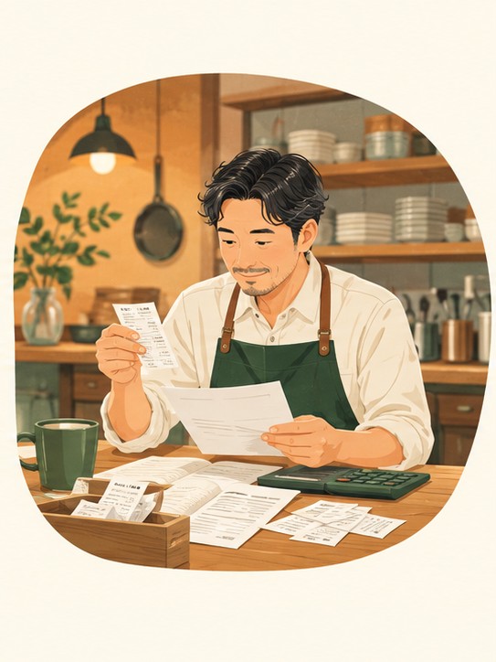 領収書と経費を確認する事業者のイラスト