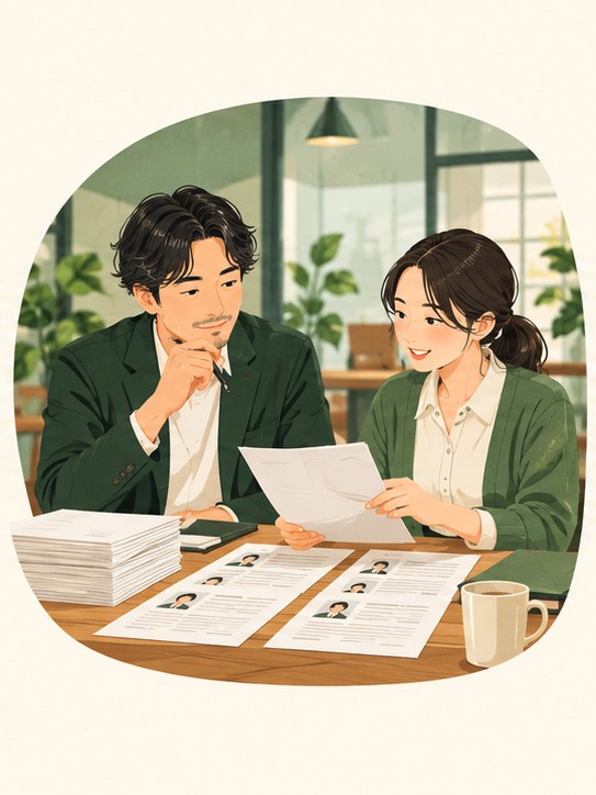 採用書類を確認する人たちのイラスト