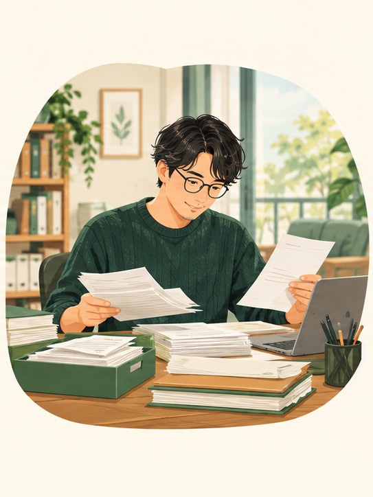 書類仕事を整理する人のイラスト