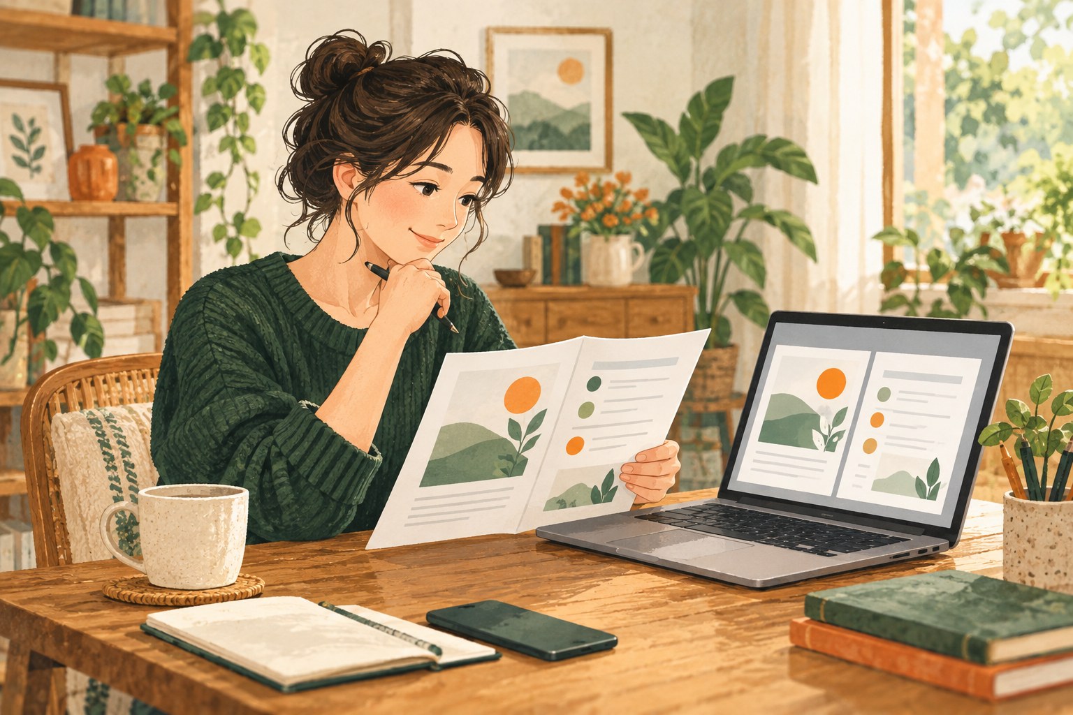 提案書のPDFと印刷した資料を確認する事業者のイラスト